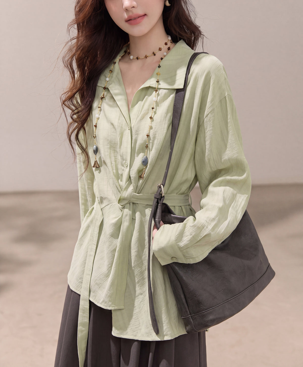 Sage Green Tie-Waist Button-Up Shirt Jacket