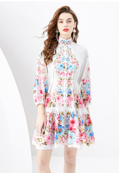 Women's Floral Print Button up Lantern Sleeve Mini Dress