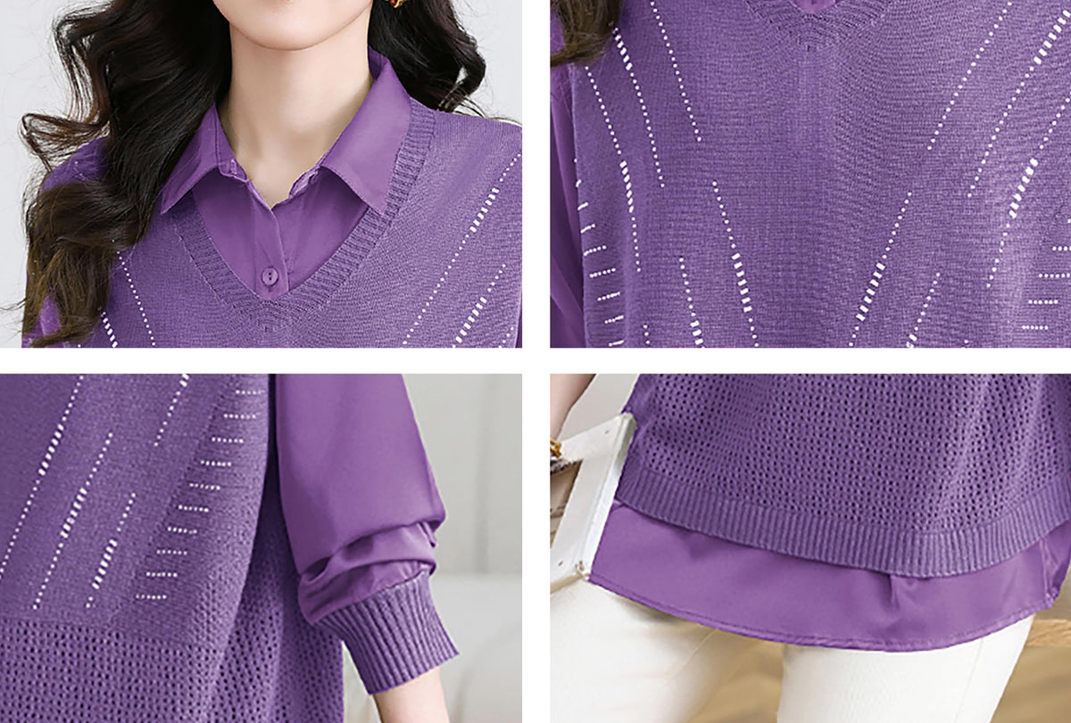 Women's 2-in-1 Layered Knit Vest Top — Shirt Collar with Dotted Trim