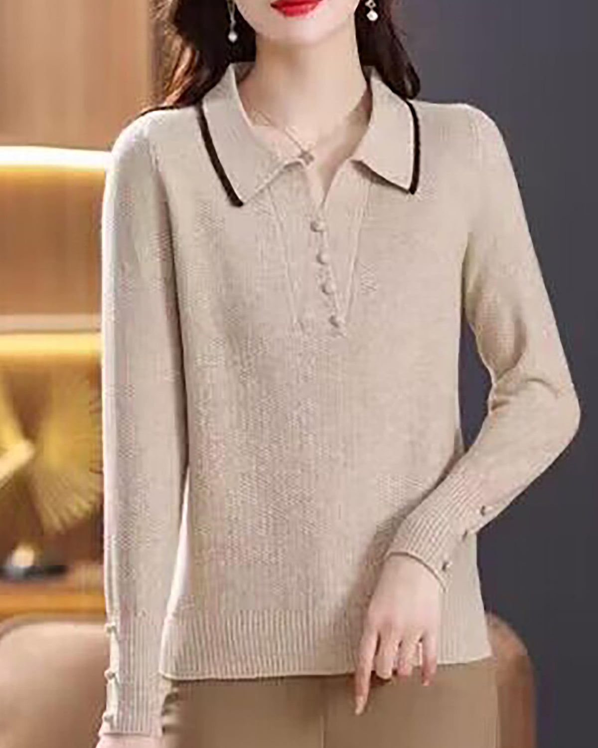 Fine-Knit Polo Top with Contrast Collar & Layered Look Sweater