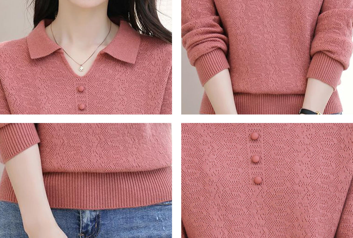 Women's Pink Polo Knit Top — V-Neck & Long Sleeve Ribbet Knitted