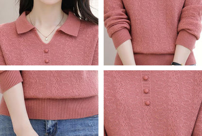 Women's Pink Polo Knit Top — V-Neck & Long Sleeve Ribbet Knitted