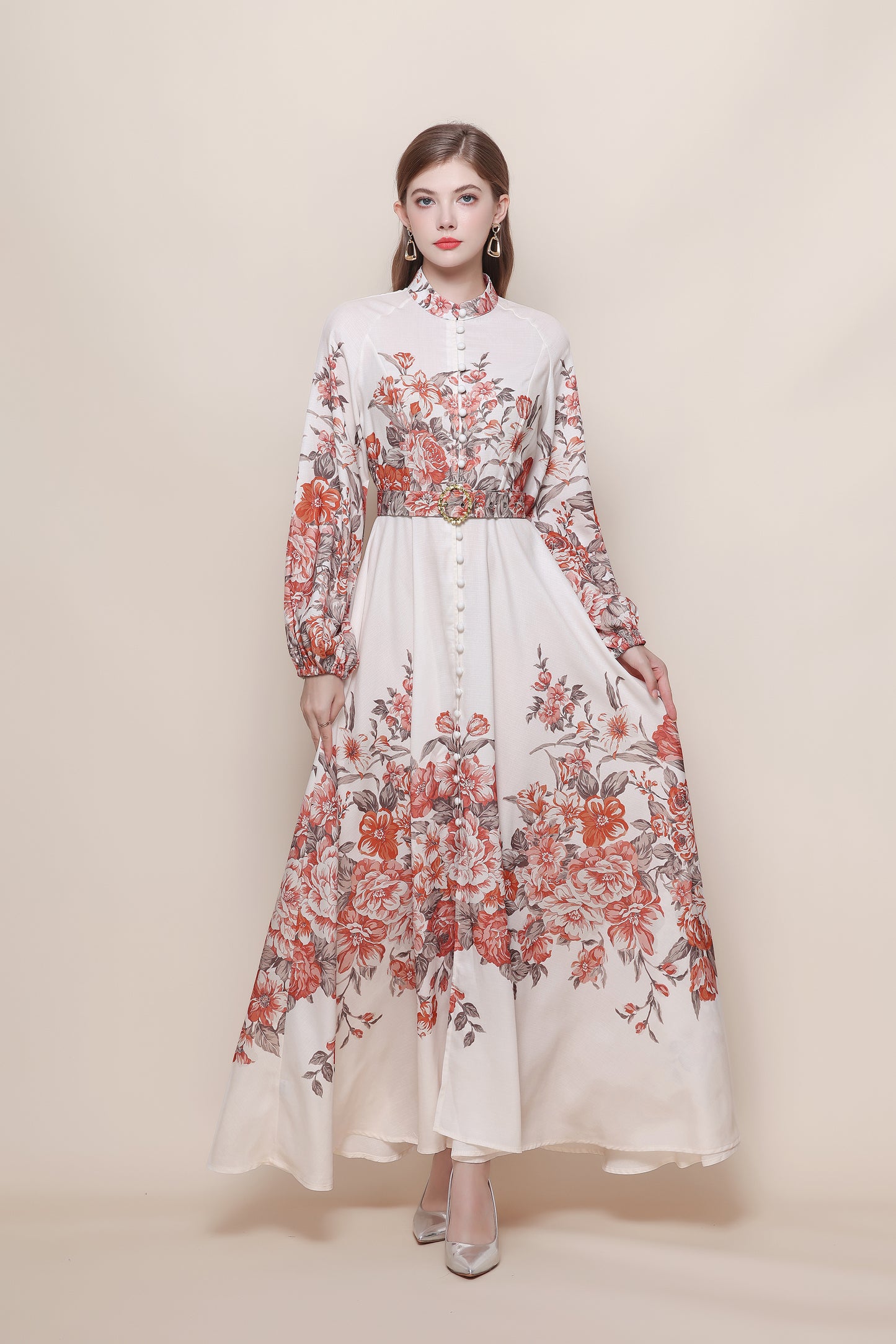 26-Women's Floral Print Puff Sleeve Button Maxi Dress - LAI MENG FIVE CATS