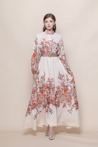 26-Women's Floral Print Puff Sleeve Button Maxi Dress - LAI MENG FIVE CATS