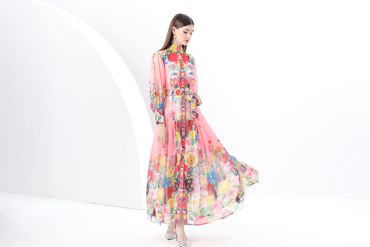 Women's Vintage Floral Print Split Flowy Maxi Dress