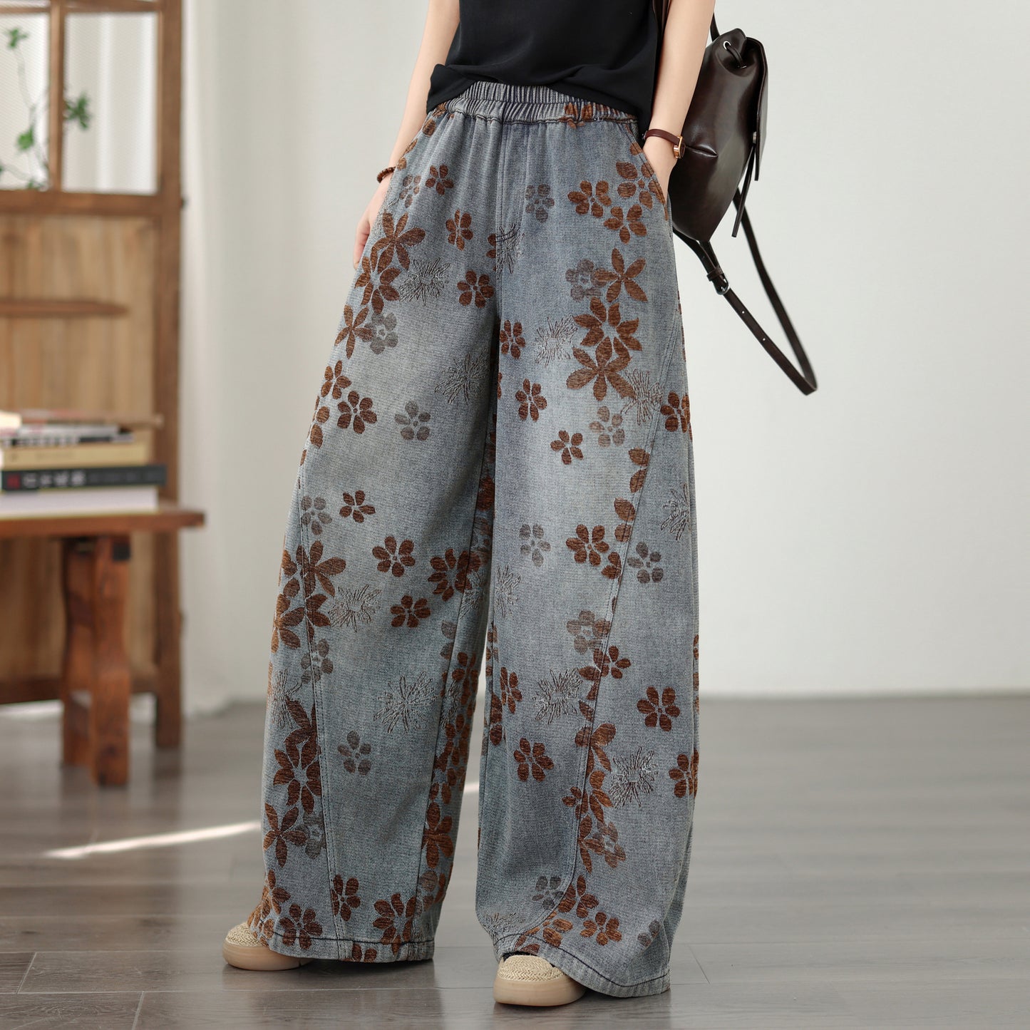 26-Women's Baggy Jeans Elastic Waist Loose Denim Pants