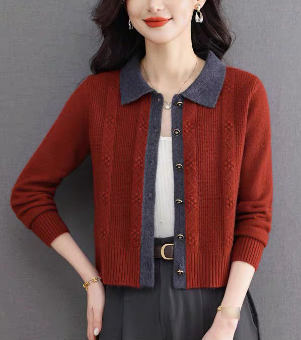 Vintage Contrast Collar Cable Knit Cardigan | Textured Button Crop Sweater