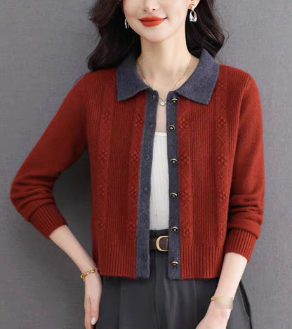 Vintage Contrast Collar Cable Knit Cardigan | Textured Button Crop Sweater