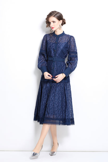 Lantern Sleeves Embroidery Button Midi Dress