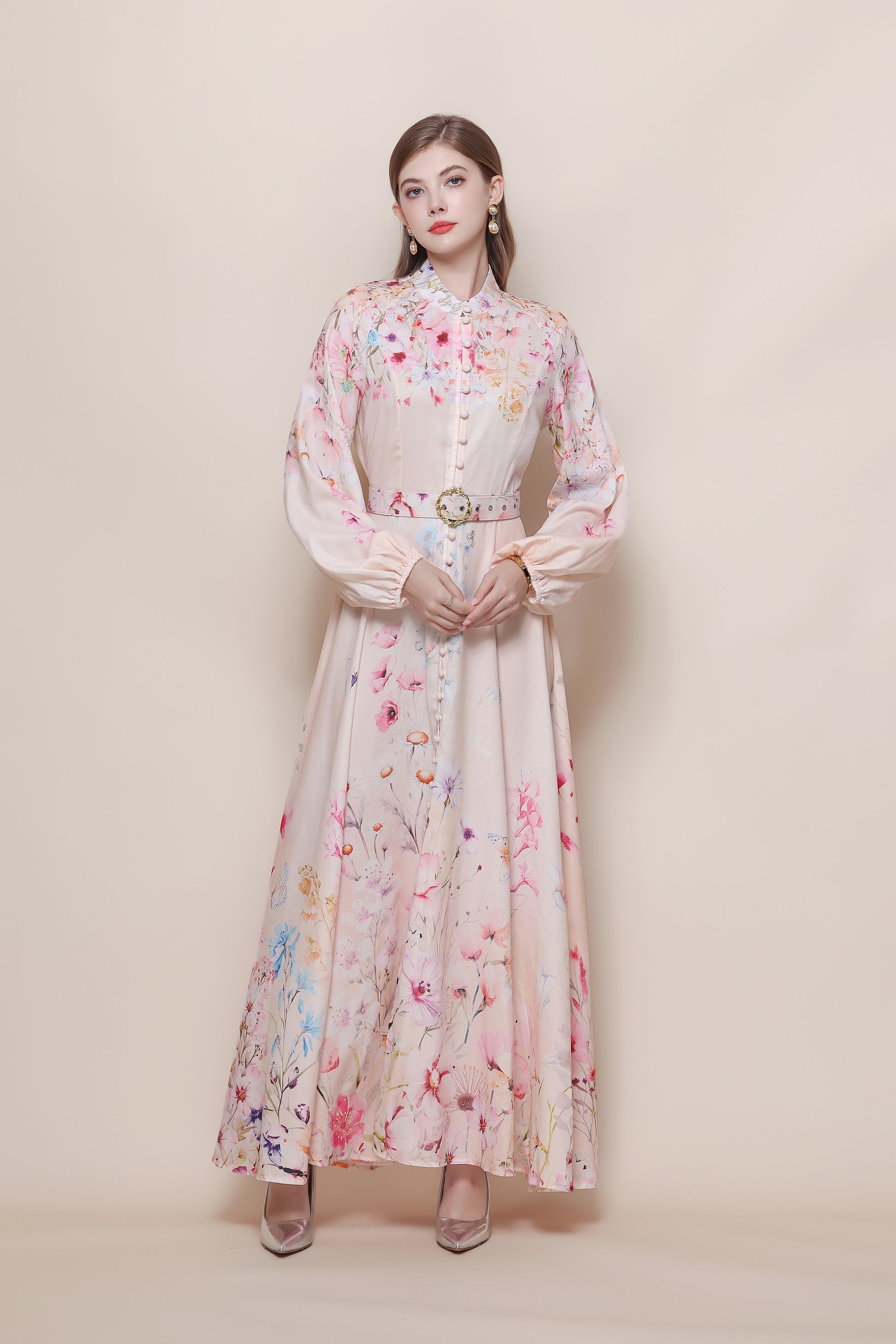 26-Women's Floral Print Puff Sleeve Button Maxi Dress - LAI MENG FIVE CATS