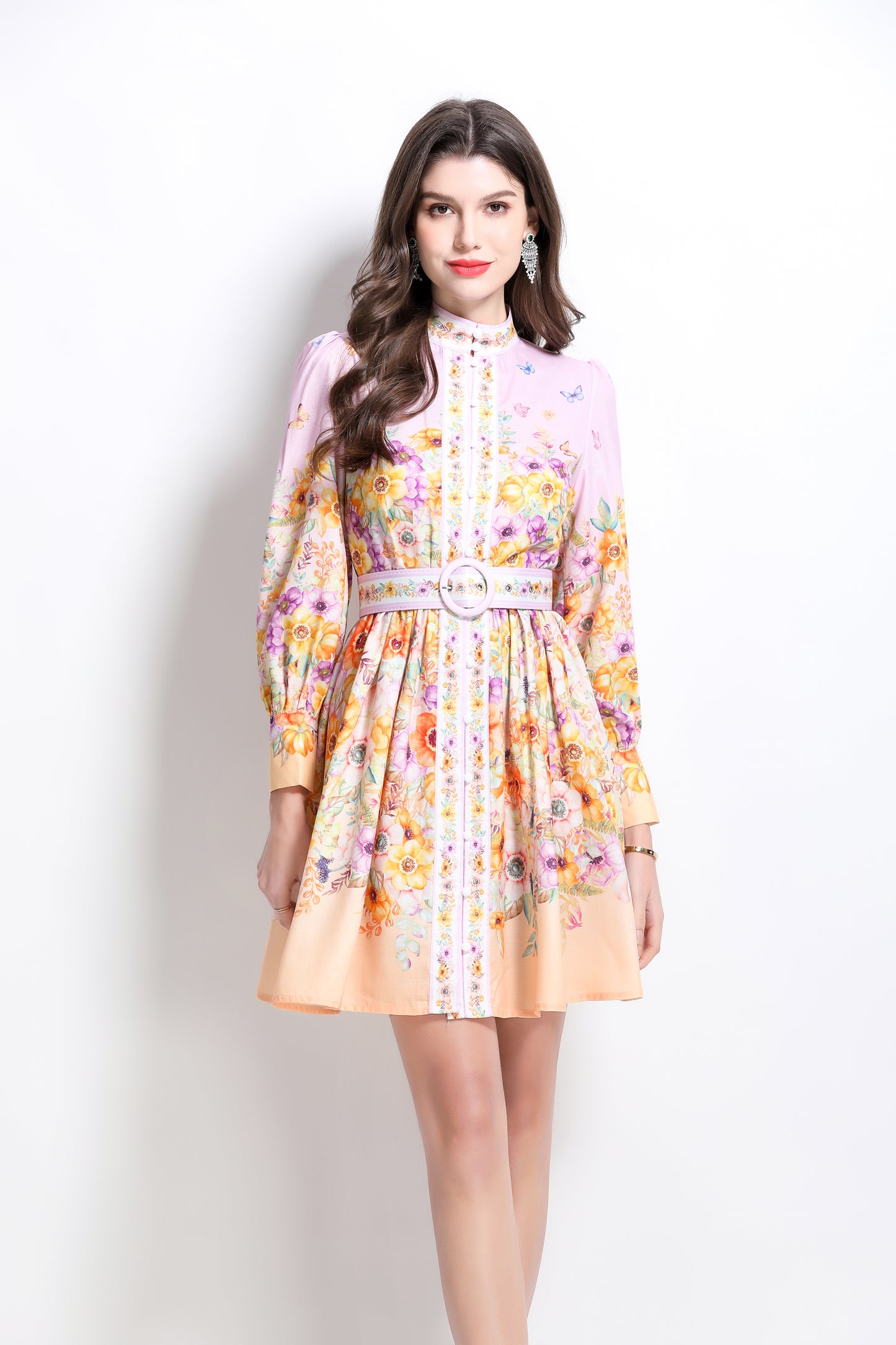 Women's Floral Print Button Lantern Sleeve Mini Dress