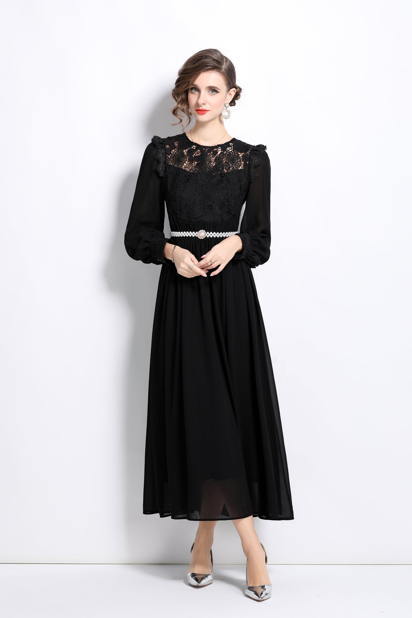 Lace Chiffon Puff Sleeves Maxi Dress with Belt