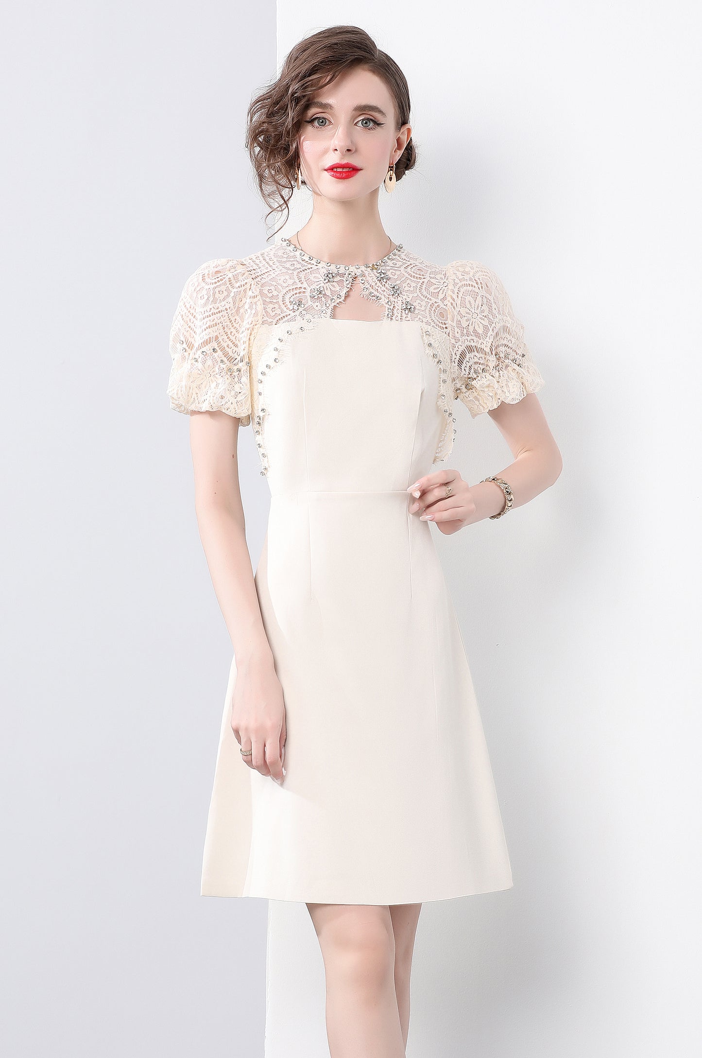 Ivory Beaded Lace Puff Sleeve Dress