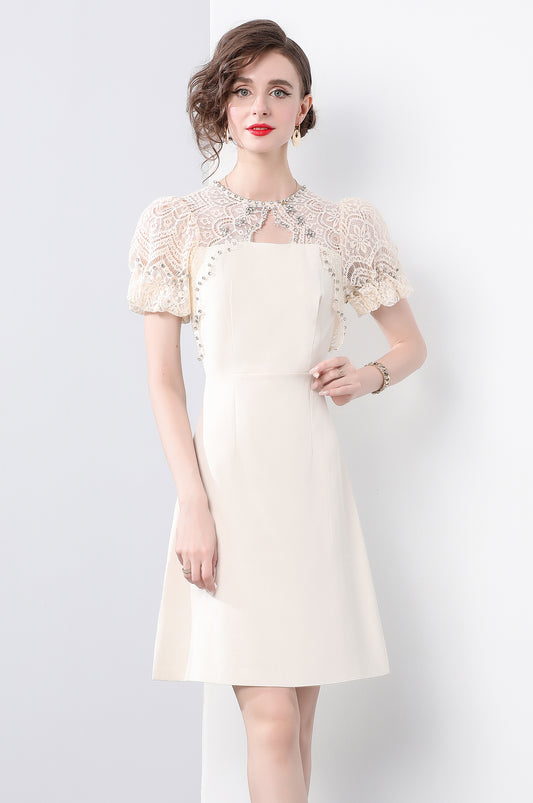 Ivory Beaded Lace Puff Sleeve Dress