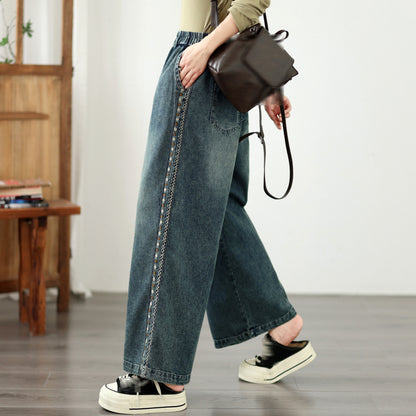 Vintage Embroidered Wide Leg Jeans with Elastic Waist Denim Pants