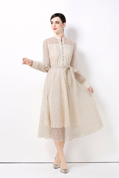 Women's Lace Lantern Sleeve Button Midi Dress