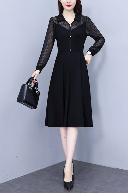 Women's V-Neck Long Sleeve with Pockets Black Dress