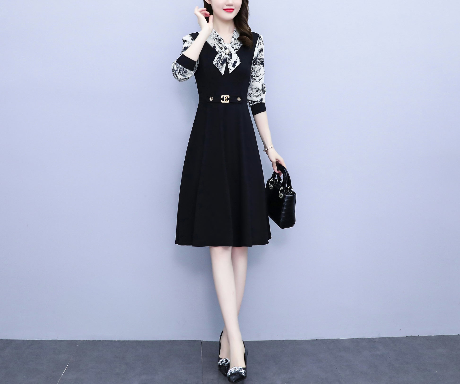Women's Elegant Tie Neck Long Sleeve Black Dress - LAI MENG FIVE CATS