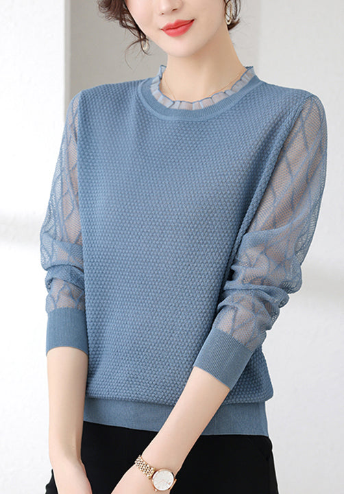 Women's Sweater Puff Sleeve Patchwork Lace Tops - LAI MENG FIVE CATS