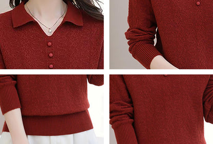 Women's Pink Polo Knit Top — V-Neck & Long Sleeve Ribbet Knitted