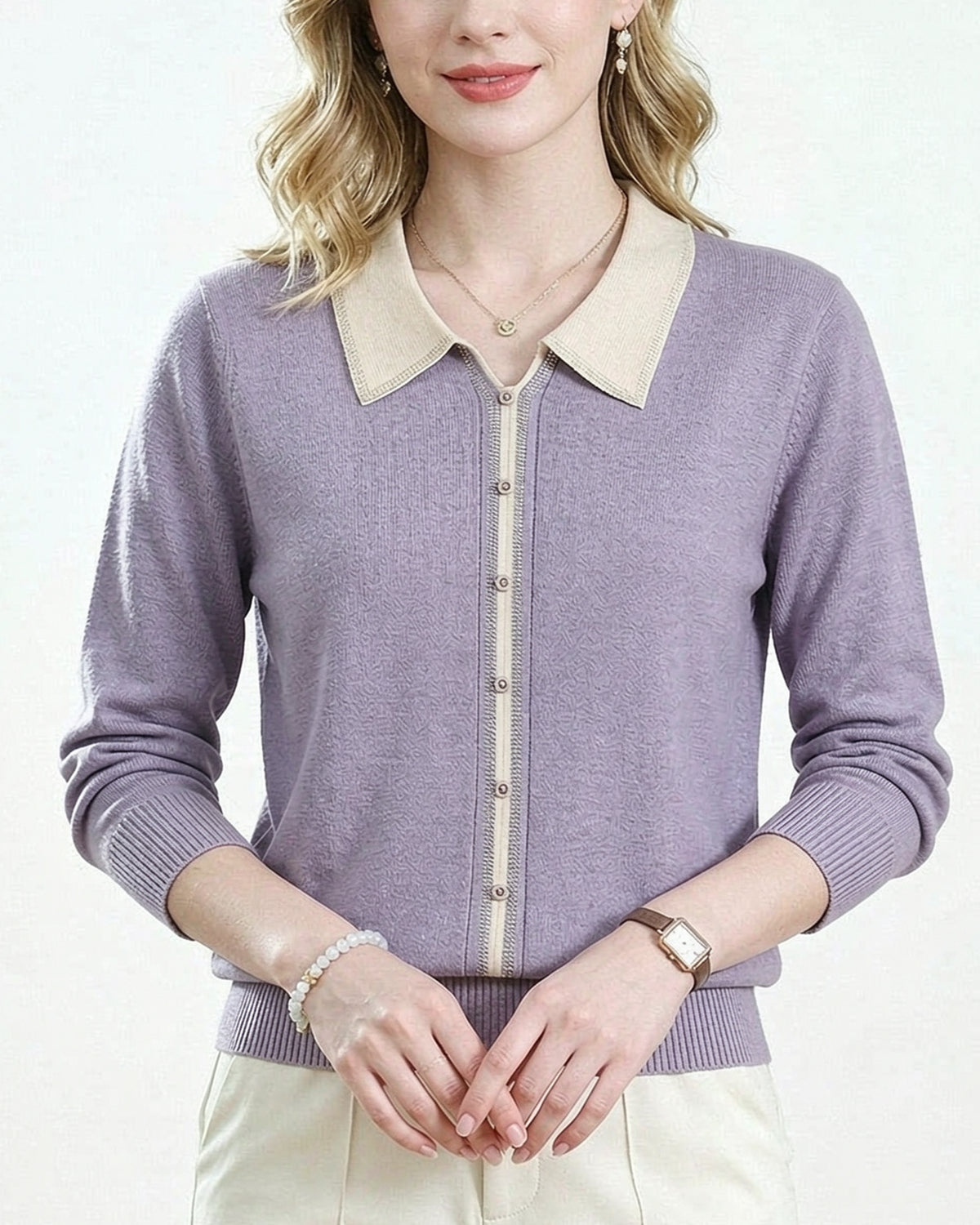 Chic Contrast Collar Knit Sweater Long Sleeve Pullover Top
