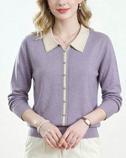 Chic Contrast Collar Knit Sweater Long Sleeve Pullover Top
