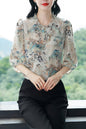 Women's Floral Print Ruffle Button Loose Blouses Top