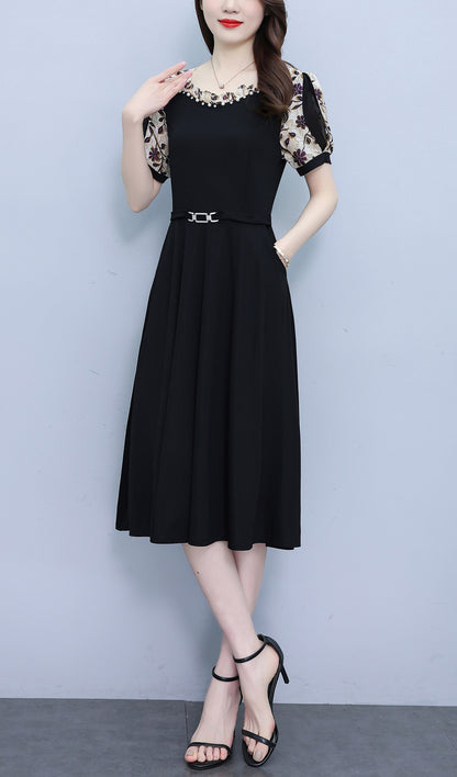 Women's Short Sleeve Pocket A-line Stretch Midi Dress