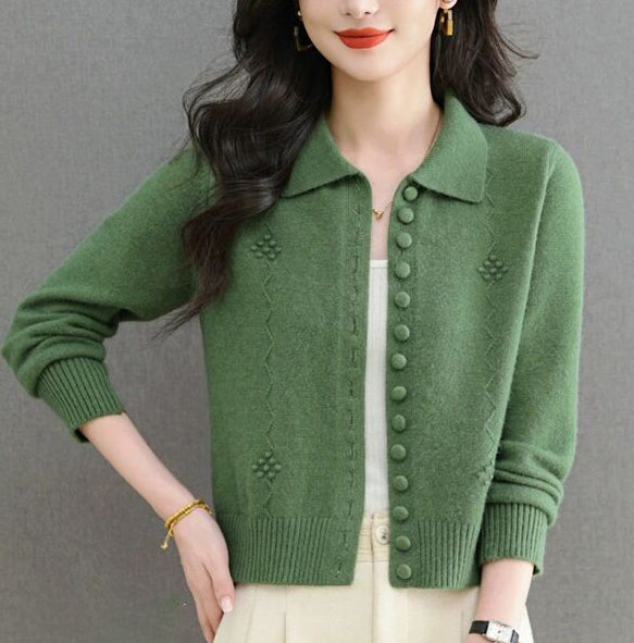Textured Knit Zip-Up Cardigan Polo Collar Cropped Outerwear