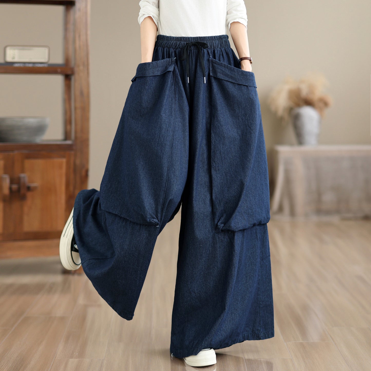 Women's Oversized Denim Wide Leg Pants Drawstring with Large Pockets