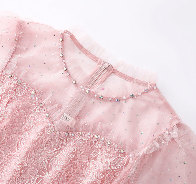 Pink Sheer Sleeves Lace Tiered Tulle Midi Dress