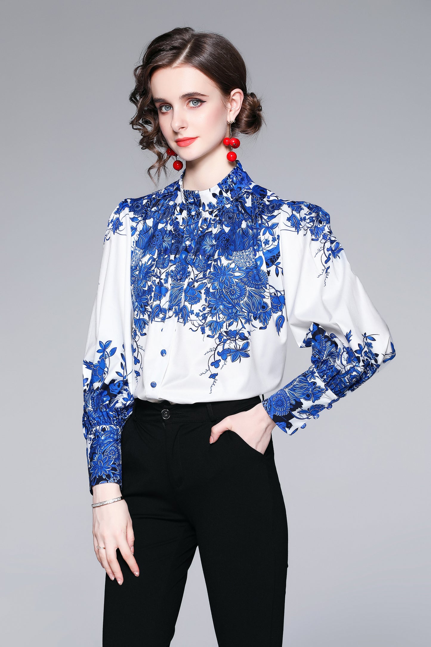 ESY-Women's Button Floral Print Shirt Loose Blouses Tops