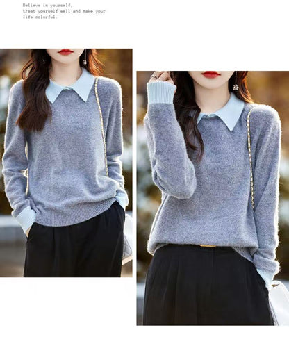 Contrast Collar Polo Neck Knit Sweater – Soft Fall&Winter Pullover - LAI MENG FIVE CATS