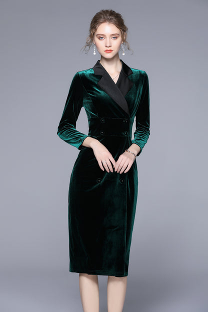 Women's velvet double-breasted notched collar bodycon midi dress