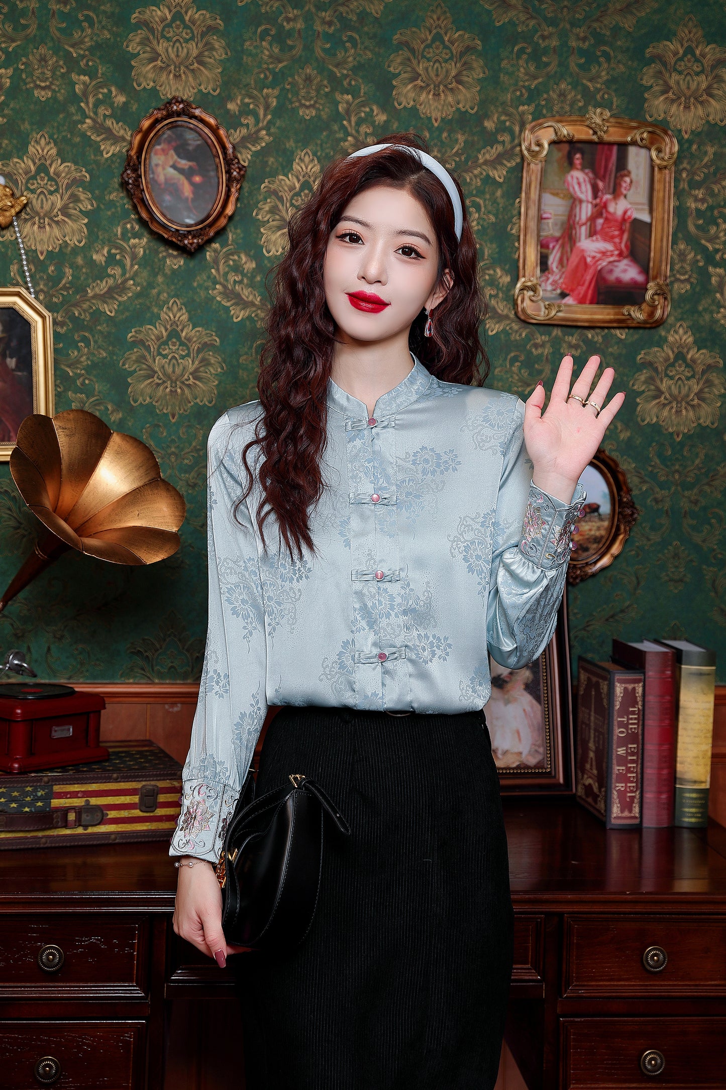 Women's Silk Satin Jacquard Long Sleeve Blouses