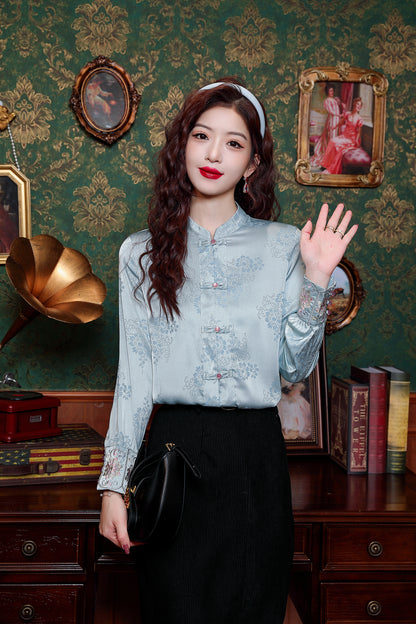 Women's Silk Satin Jacquard Long Sleeve Blouses