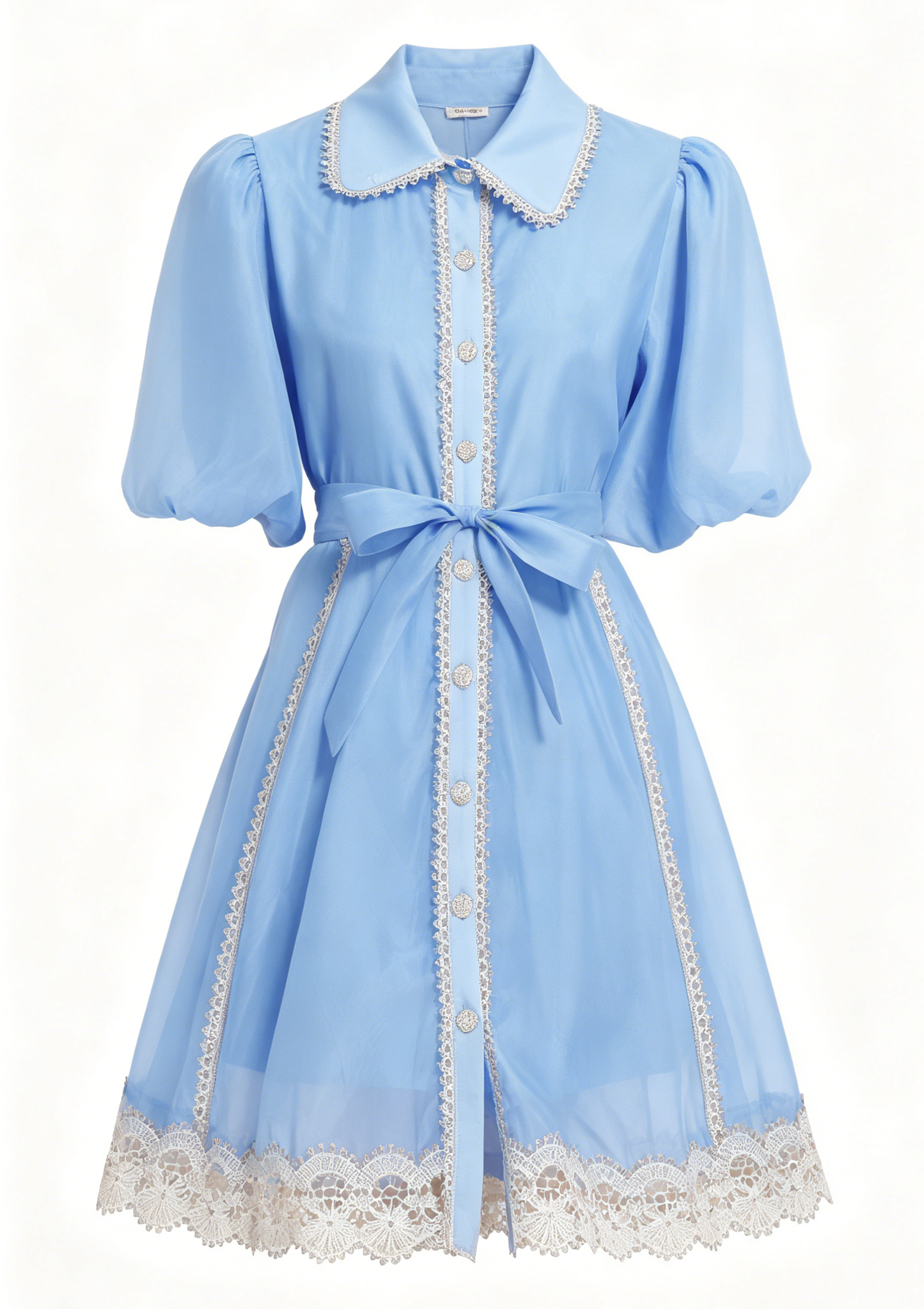 Blue Organza Button Up Lace Mini Dress
