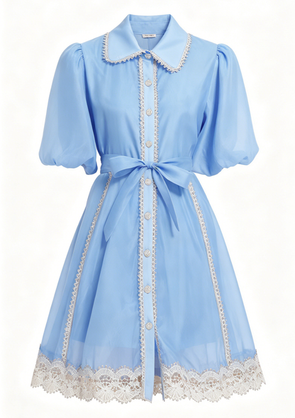 Blue Organza Button Up Lace Mini Dress