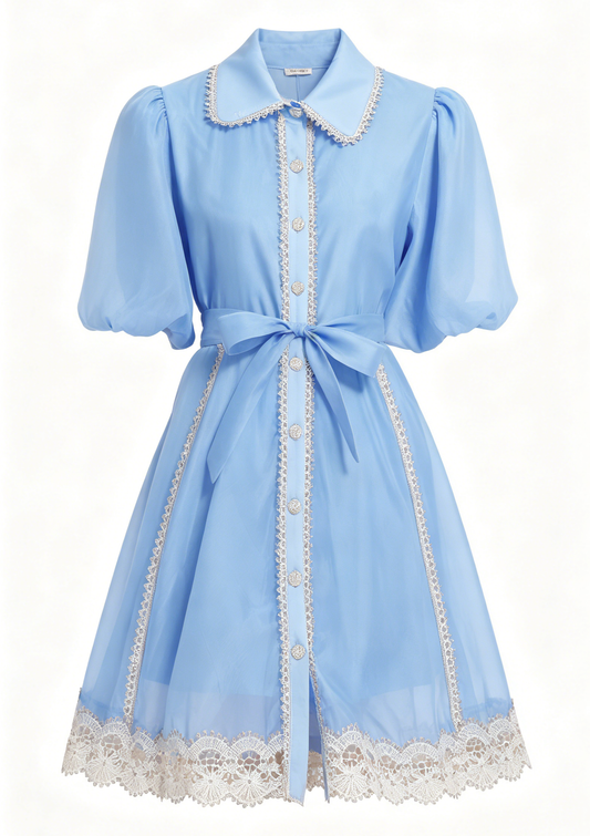 Blue Organza Button Up Lace Mini Dress