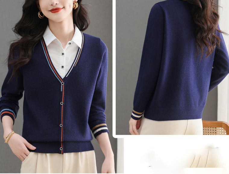 Women's V-Neck Collared Long Sleeve Shirt Striped  Blouse