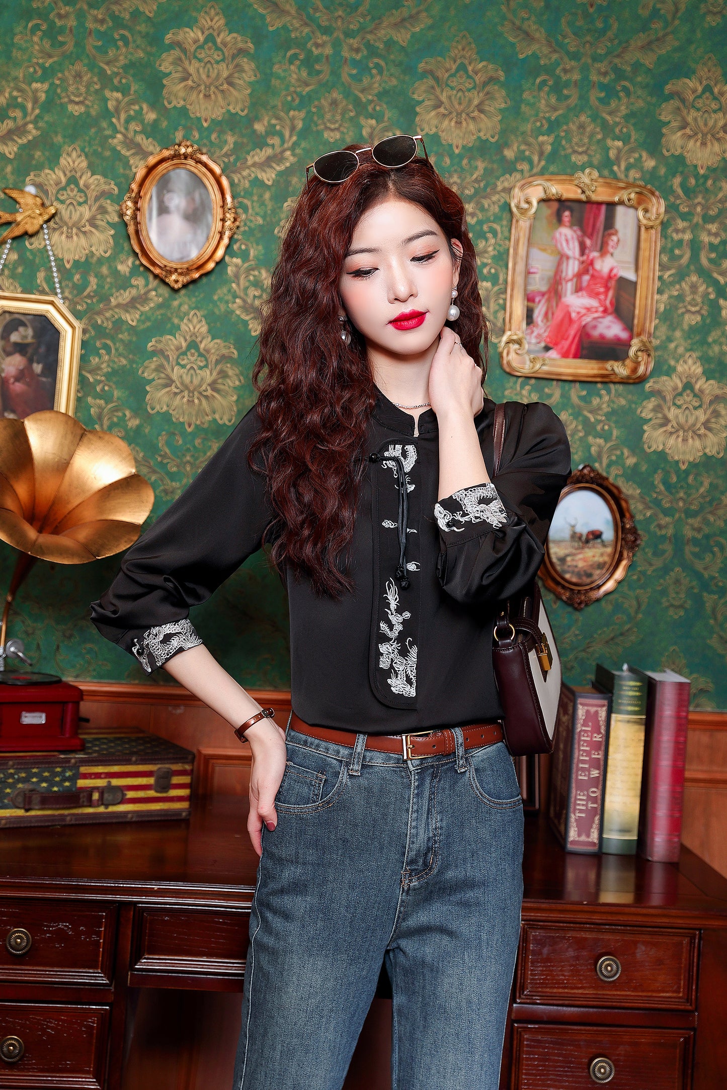 Women's Silk Satin Embroidery Jacquard Blouses