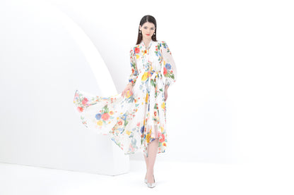 Women's Tie-Neck Foral Print Irregular Hem Midi Dress