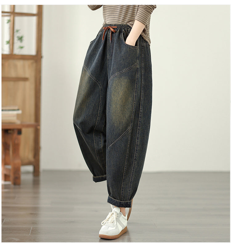 Women's Baggy Jeans Elastic Waist Harem Barrel Denim