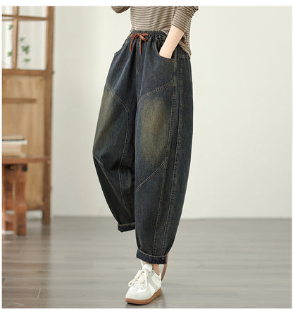 Women's Baggy Jeans Elastic Waist Harem Barrel Denim