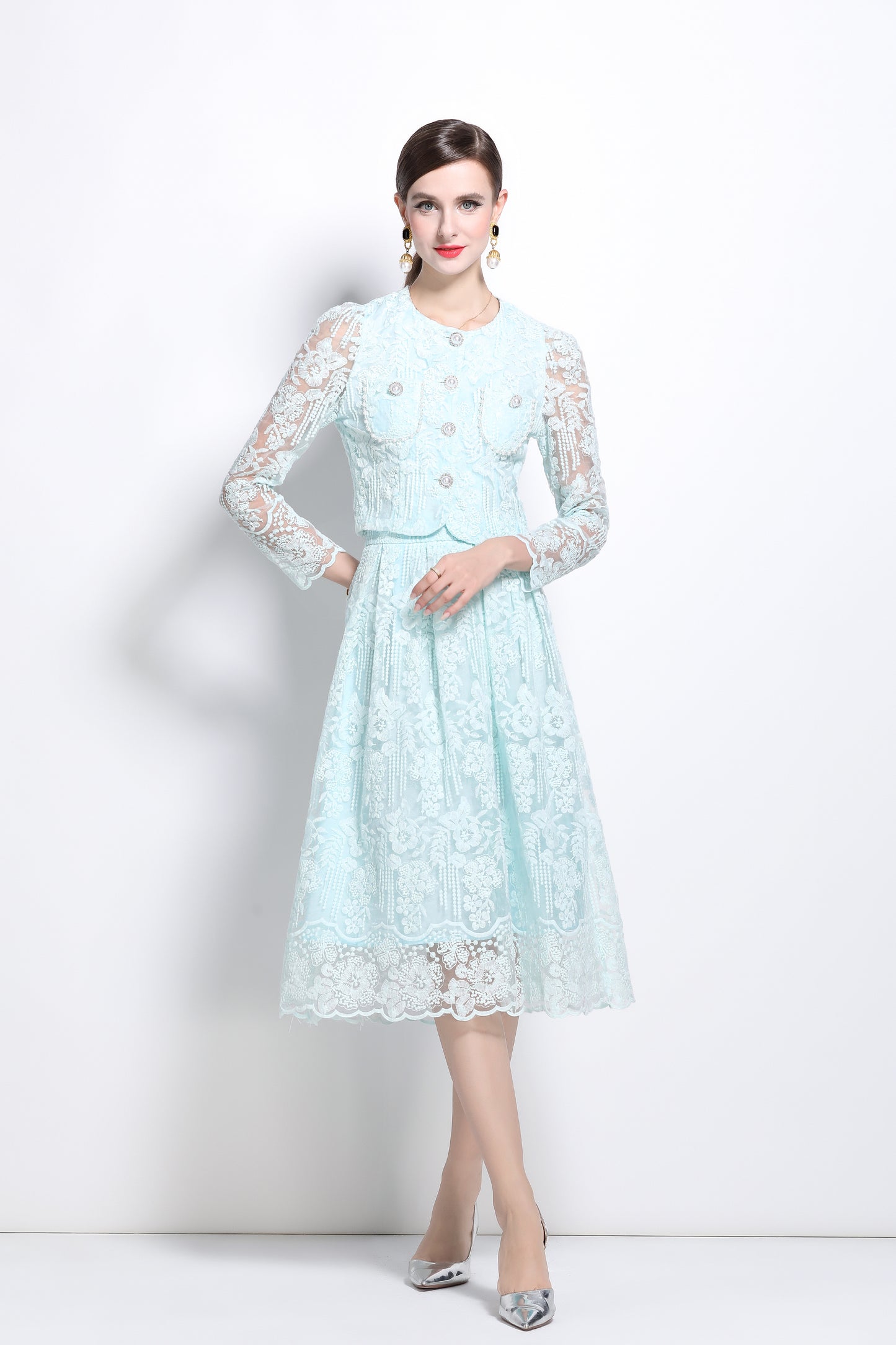 2 Pieces Chiffon Lace Button Midi Dress