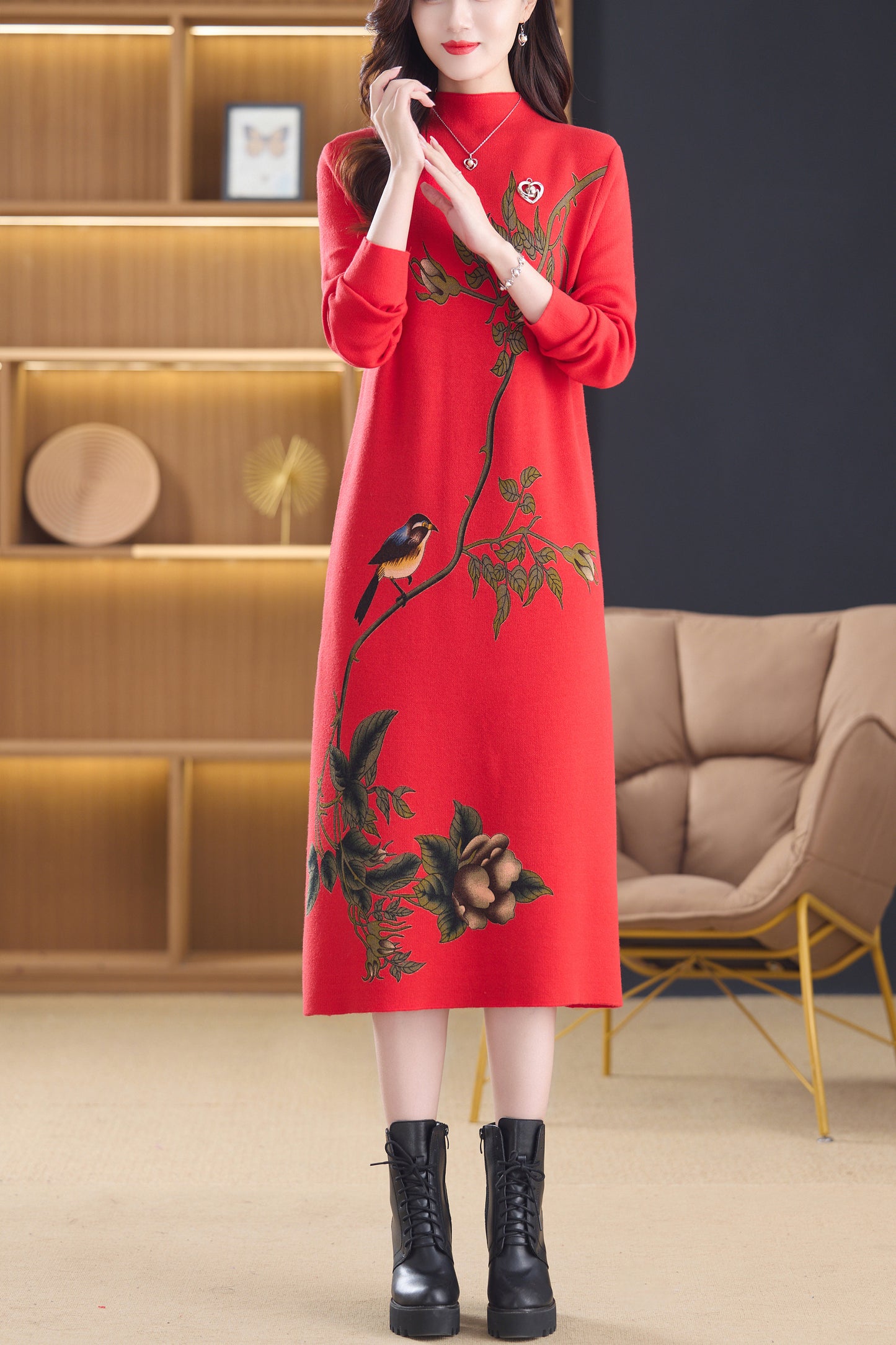 Women's Turtleneck Sweater Long Sleeve Red Dress