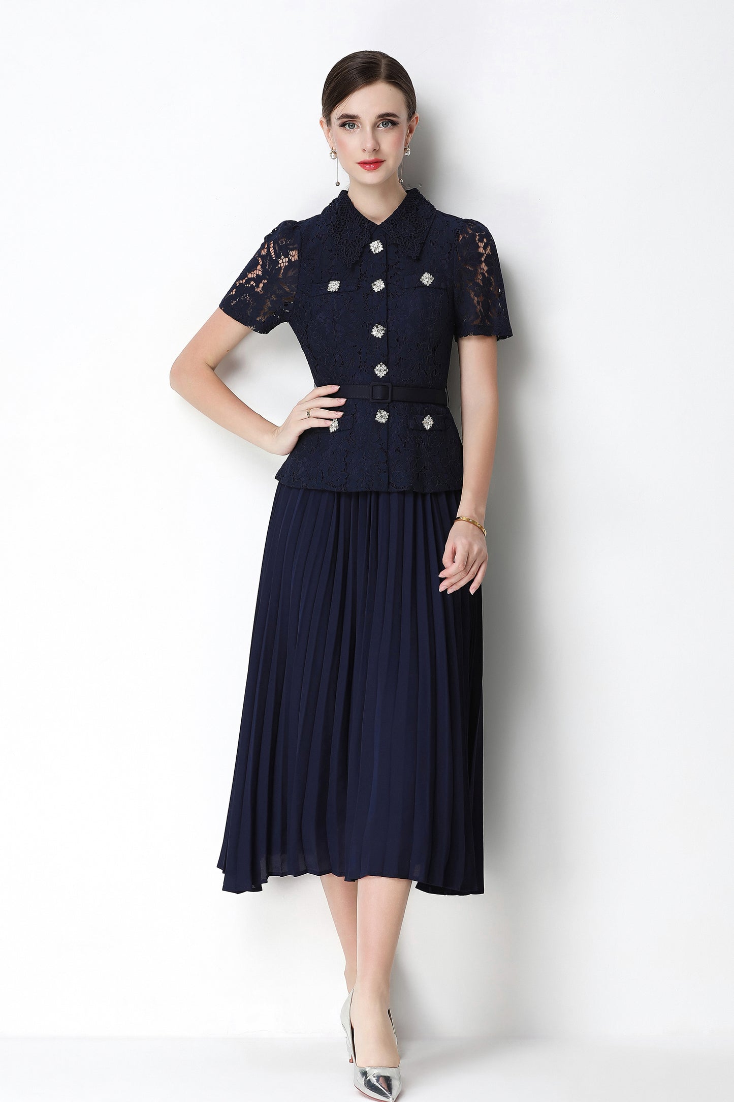 French Chic Lace Pleated Midi Dress with Belt