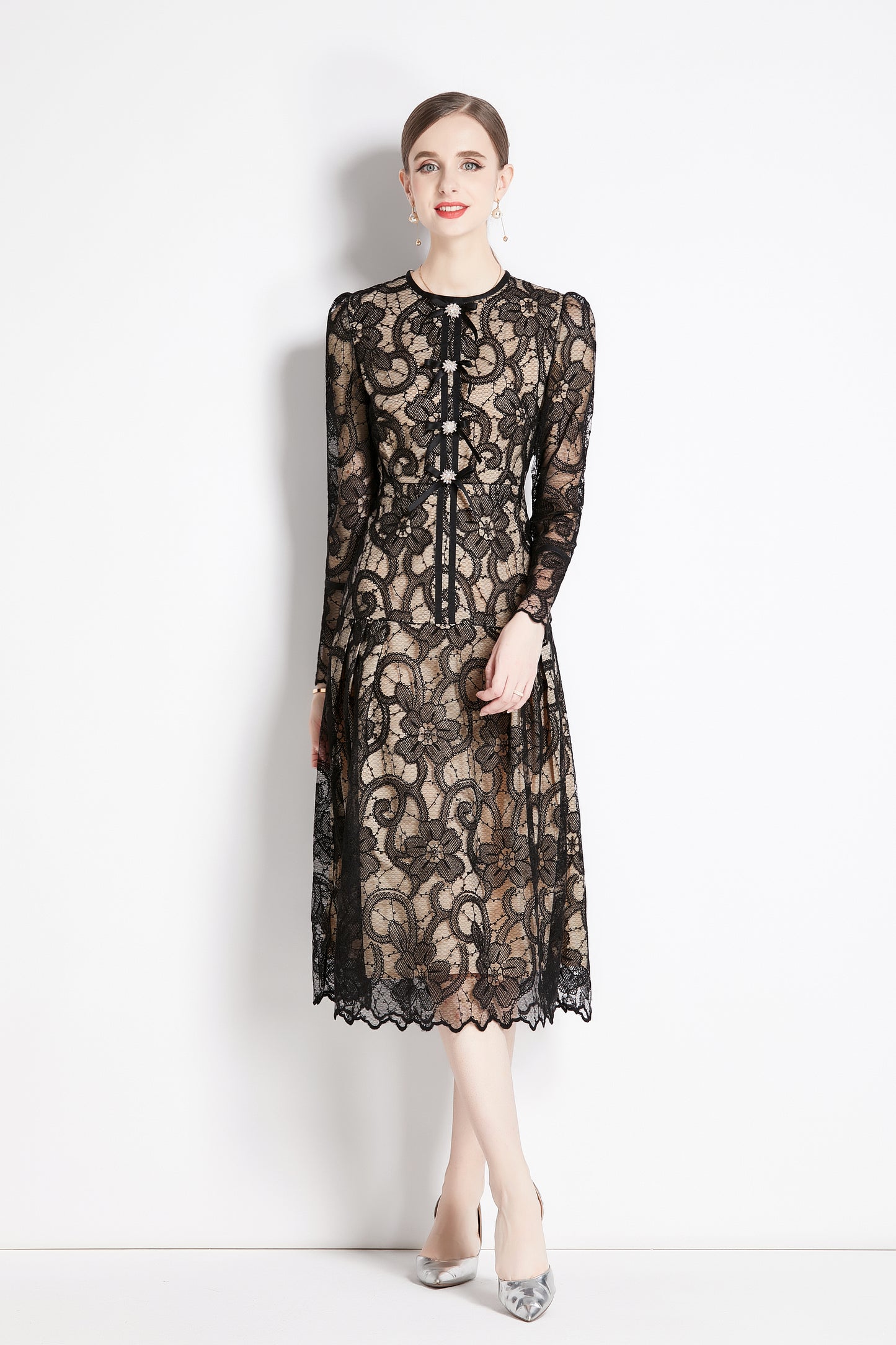 Women's Lace Floral Long Sleeve Midi Dress