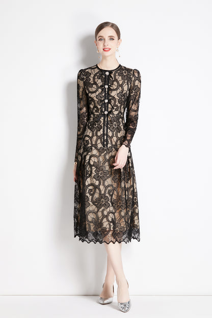 Women's Lace Floral Long Sleeve Midi Dress