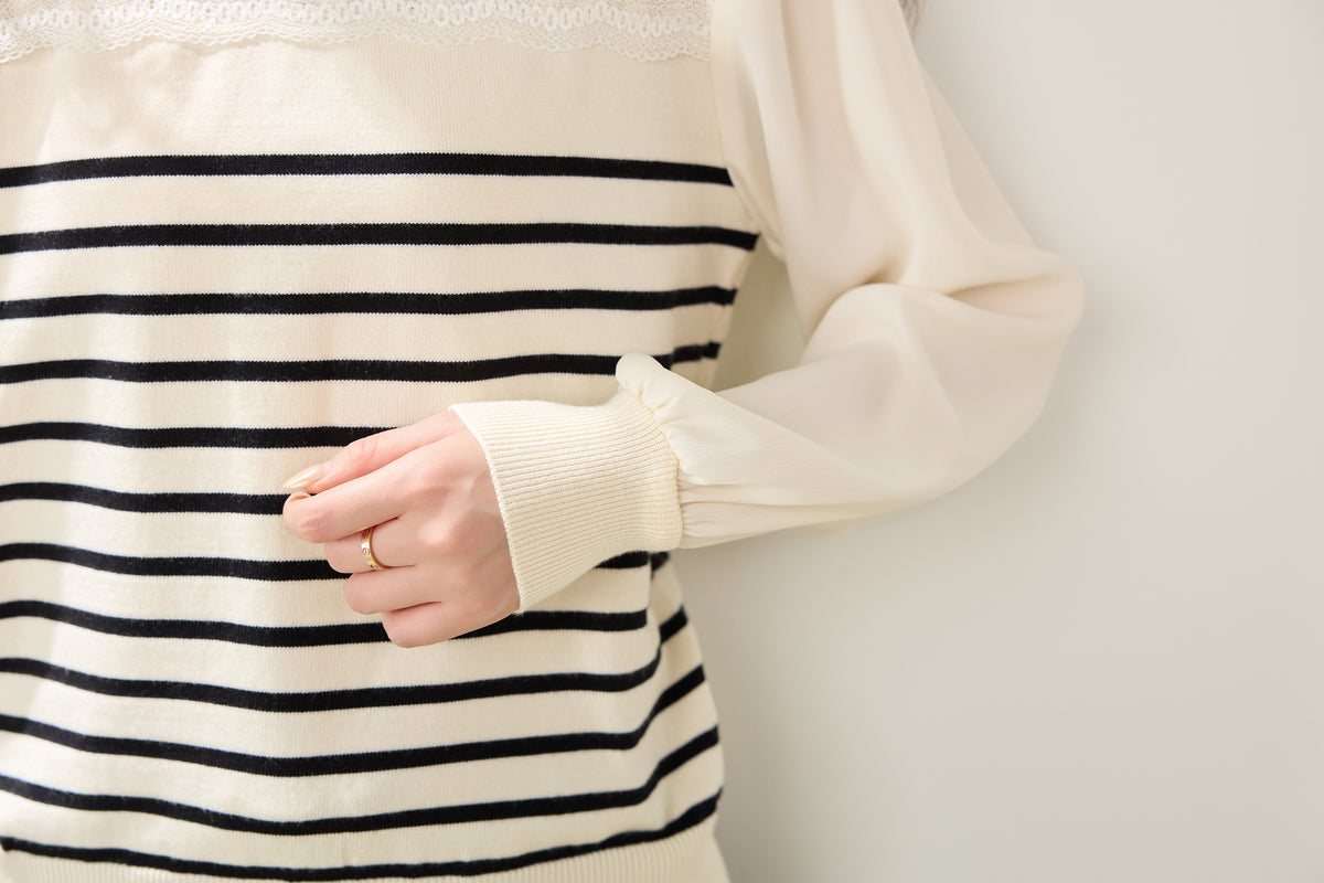 Ivory Striped Lace-Detail Knit Sweater with Chiffon Sleeves